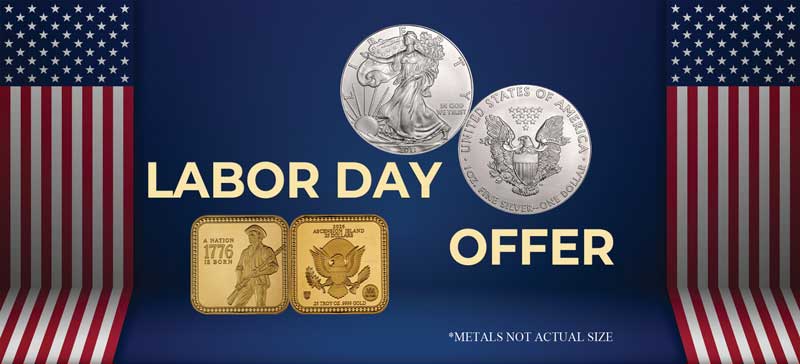 Gold bars, American Eagle silver coins, American flag